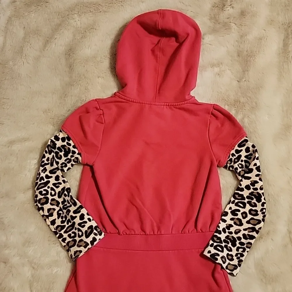 GYMBOREE RED SWEATSHIRT HOODED DRESS WITH LEOPARD PRINT SLEEVES, SIZE 6